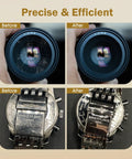 Before and after images showing watch and camera lens restored using 8 Pack Diamond Polishing Compound Set Pro Grade With 30 Percent Diamond Powder, Grit From 80000 To 30000 For Ultra Mirror Lapping On Glass, Metal, Marble, Rock, Watch And Jewelry Scratches Remover And Repair Kit.