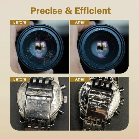 Before and after images showing watch and camera lens restored using 8 Pack Diamond Polishing Compound Set Pro Grade With 30 Percent Diamond Powder, Grit From 80000 To 30000 For Ultra Mirror Lapping On Glass, Metal, Marble, Rock, Watch And Jewelry Scratches Remover And Repair Kit.