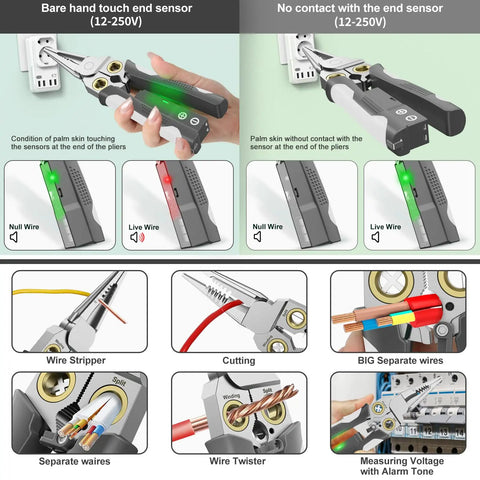 8 In 1 Wire Stripper And Cutter With Voltage Tester And Dual Alarms Heavy Duty for electricians and DIY, showing functions like stripping, cutting, and testing with sensor indicators.