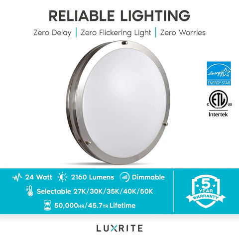 18 Inch LED Flush Mount Ceiling Light With Five CCT Modes 2700K To 5000K Dimmable 24W 2160 Lumens Energy Star ETL Listed