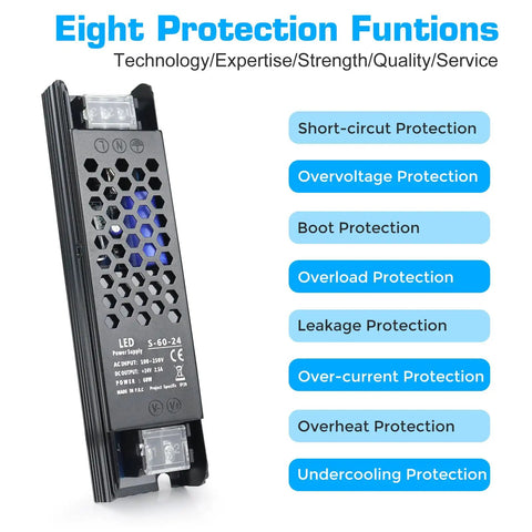 Top Shelf Rock Solid 24V Power Supply 2.5A 60W Switching Adapter with protection functions and black metal housing.