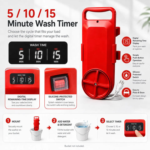 Hassle Free Portable Bucket Washer Fits 5 Gallon Cans Fast Cycle Mini Laundry Agitator with digital timer display.