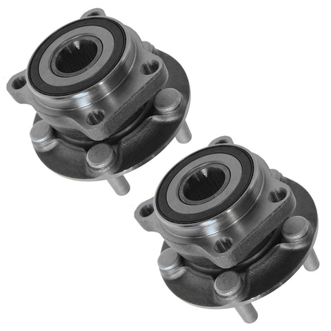 Front Wheel Bearing And Hub Assembly Set For Subaru Outback, Forester, Legacy, And XV Crosstrek Left And Right Two Piece Bolt-On Drop-In Direct Fit Kit For 2005 To 2014 Models, featuring two metal hubs.