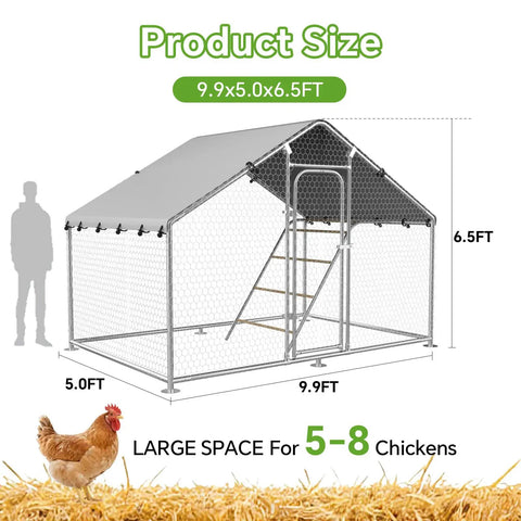 Heavy Duty Metal Chicken Coop Run With Walk In Design Roosting Perch 10 By 5 By 6.4 Ft Rust Resistant Steel Frame Waterproof Cover
