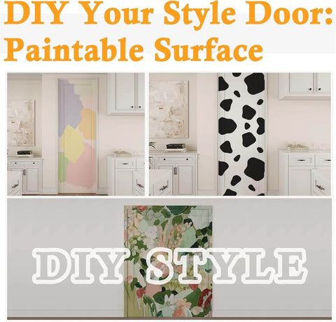 DIY paintable surface doors in various artistic designs displayed in a home interior setting.