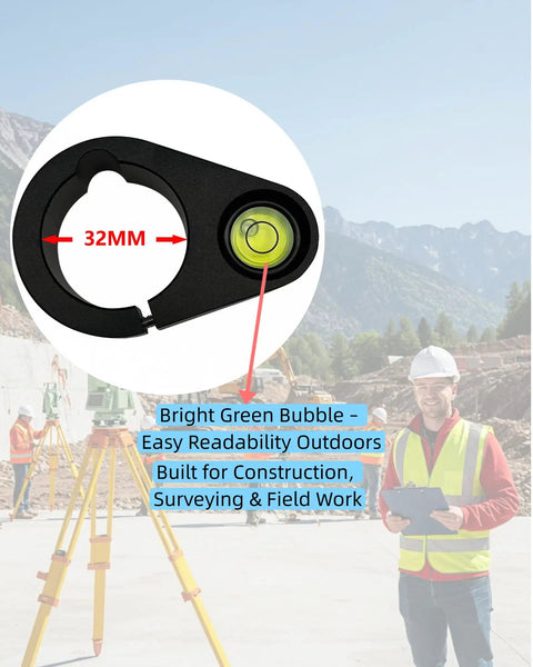 32mm Heavy Duty Metal Level Vial For GPS GNSS Survey Pole Crafted With 8 Inch Precision Green Bubble displayed outdoors.