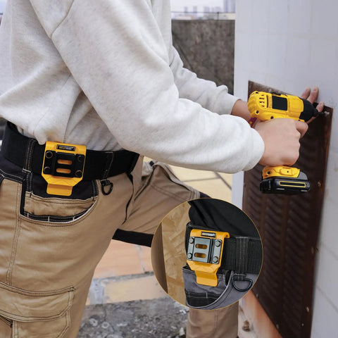 Person using Beefy Drill Belt Clip And Tape Measure Holder For Tool Belts, Universal Clip On Carry For Impact Drivers, Yellow Aluminum Steel Construction.