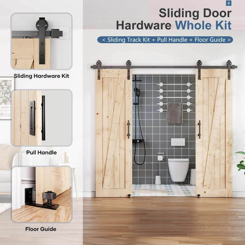 Double Sliding Barn Door Hardware Track Kit With Industrial Spoke Wheel Handle, Wall Mount Black Finish, 96 Inch Track