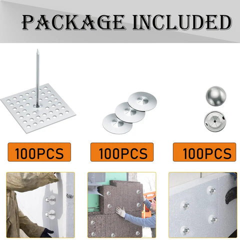 Top Shelf Insulation Pins With Self Locking Washers And Aluminum Dome Caps For Foam Board Wall Ceiling Straight Up Reliable 2.5 Inch galvanized nails, package contents display.