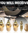 Heavy Duty Four Piece Brake Bleeder Screw Kit With NPT Copper Bases To Pump Back That Pedal Feel And Restore Snappy Stopping Power For Slick Daily Driving Repairs, showcasing four brass bleeder screws.