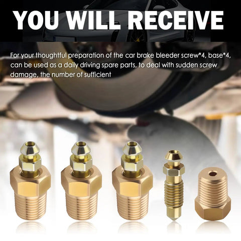 Heavy Duty Four Piece Brake Bleeder Screw Kit With NPT Copper Bases To Pump Back That Pedal Feel And Restore Snappy Stopping Power For Slick Daily Driving Repairs, showcasing four brass bleeder screws.