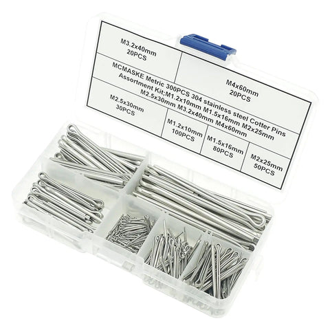 Beefy 304 Stainless Steel Cotter Pins Kit 300 Piece Split Pins Assortment with compartment box showing various sizes