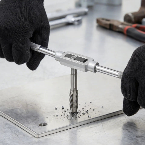 Using Tap And Die Set 60 Piece Pro Grade SAE And Metric Threading Kit For M3 Through M12 On metal plate