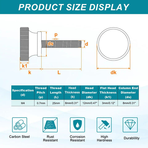 Product size display for 20 Pieces M4 X 25mm Knurled Thumb Screws Black Steel Flat Head Knurled Bolts with measurements and features.