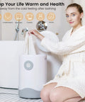 Luxurious Towel Warmer For Home Spa Vibes With Fast One Minute Heat Four Timer Settings One Hour Auto Off Fits Up To Two Oversize Towels Blankets And PJs Ideal Gift For Her Light Gray, woman placing towel
