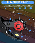 Close-up of Leather Hole Punch Kit With 6 Size Revolving Punch Plier All In One Pro Grade Quality showing punch sizes.