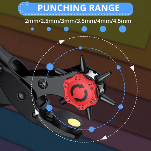 Close-up of Leather Hole Punch Kit With 6 Size Revolving Punch Plier All In One Pro Grade Quality showing punch sizes.