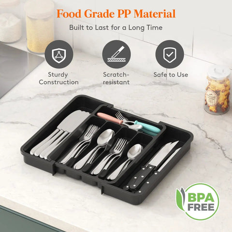 Slick Expandable Silverware Drawer Organizer With Adjustable Dividers For No Sweat Kitchen Storage And Quick Grab Cutlery Access Pretty Darn Spacious Layout Built To Last, black, food-grade PP material.