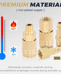 30 Pcs Brass Air Hose Fittings 1/4 In Npt Quick Disconnect Plugs With Hardened Copper Cladding For Rock Solid Shop Performance And Hella Tough Pneumatic Connections That Never Skip A Beat showing four brass fittings with temperature and pressure ratings.