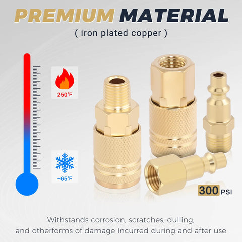 30 Pcs Brass Air Hose Fittings 1/4 In Npt Quick Disconnect Plugs With Hardened Copper Cladding For Rock Solid Shop Performance And Hella Tough Pneumatic Connections That Never Skip A Beat showing four brass fittings with temperature and pressure ratings.
