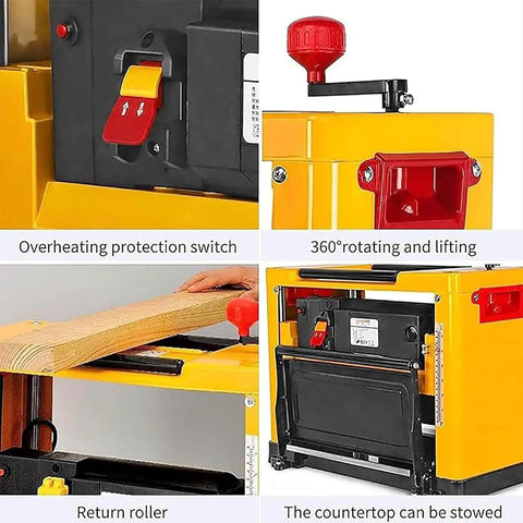 Close-up of features on Rock Solid Bench Top Thickness Planer Delivering Beasty 2000W Power, including protection switch and return roller.