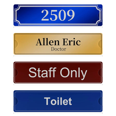Set of 4 colored wall signs with numbers and text for office or home, displayed in 2x8 inch clear acrylic holders.