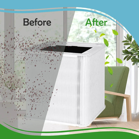 211 Plus True HEPA Replacement Filter Value Pack Includes Two Replacement Filters And Two Washable Pre Filters For Air Purifier No Fuss Install And Long Lasting Clean Air Enhancement For Model 211 Plus, showing filter effect before and after.