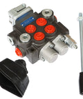 TINVHY 2-spool hydraulic directional joystick control valve monoblock, black body with red ports, silver fittings, lever