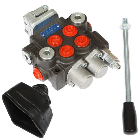 TINVHY 2-spool hydraulic directional joystick control valve monoblock, black body with red ports, silver fittings, lever