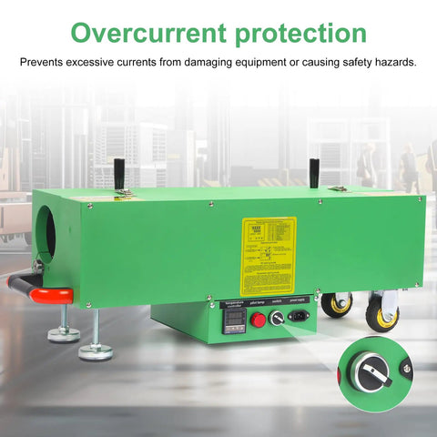 Heavy Duty 2000W Electric PVC Conduit Heater Bends Piping From Half Inch To Four Inches With Smart Temp Sensor Fast Heating For Professional Pipe Fitting And Smooth Curves On The Job Site showing overcurrent protection.