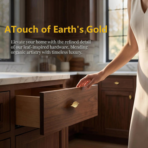 Person near open drawer with Vintage Leaf Cabinet Knobs Set, 4 Pack, Zinc Alloy Drawer Pulls with Single Hole Mount, Gold Finish