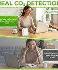 Smart Indoor Air Quality Monitor With Real Time CO2 PM1 PM2.5 PM10 TVOC HCHO Temperature And Humidity Data Via App For Home Office And Classrooms Plug And Play Hassle Free Setup Actionable Alerts And Peace of Mind For Healthier Air. white desk air quality monitor