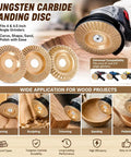 All In One Woodworking Disc Kit For 4 Inch Or 4 And A Half Inch Angle Grinders With Flat Beveled And Curved Carving Discs For Cutting Shaping Sanding Polishing Bark Removal Detail Work Pro Grade Tungsten Carbide Carbon Steel Construction 3 Pack shown with angle grinder and wood applications.
