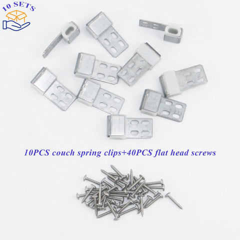 Top Shelf Heavy Duty 10 Piece Sofa Spring Clips Furniture Upholstery Repair Kit With 40 Screws showing silver metal clips and screws.
