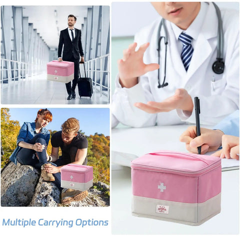 Grab And Go Travel Medicine Bag Organizer For First Aid Kits Empty Medical Bag For Home Travel Camping Car Hiking And Outdoor Emergencies Spacious 10.6 By 7.9 By 7.5 Inch Pink Gear Case shown in travel and outdoor settings