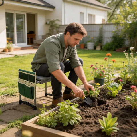 Heavy Duty Garden Kneeler And Seat With 11.5 Inch Wide Pad, Foldable Stool With Dual Tool Bags in use for gardening