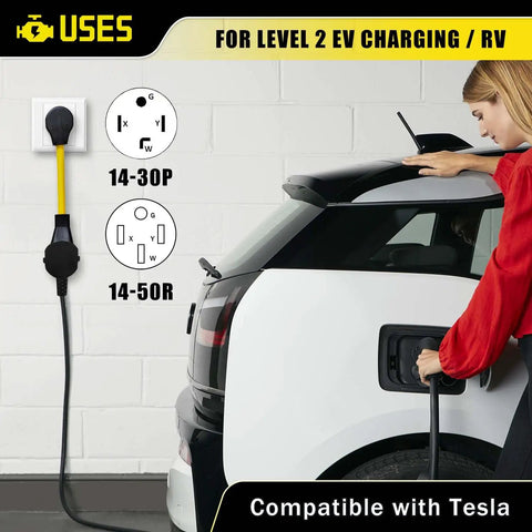 Heavy Duty Nema 14-30 To 14-50 R Ev Charger Adapter Cord With Slick Grip Handle And Solid Copper Build For Tesla Drivers connecting to EV