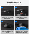 Installation steps for Portable Tire Inflator Kit For Tesla Featuring A Fast Charge Air Pump showing jack pad alignment.