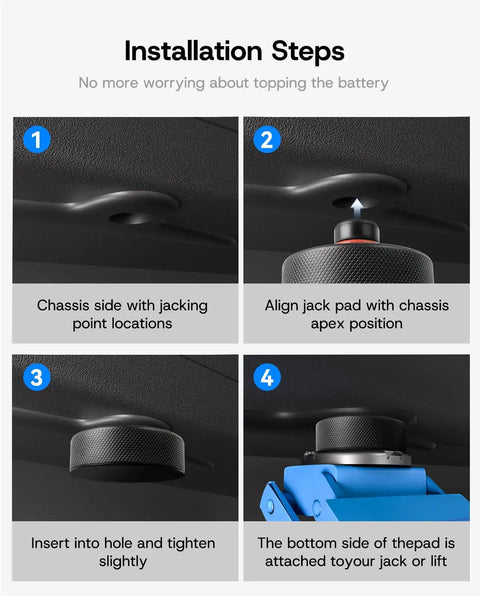 Installation steps for Portable Tire Inflator Kit For Tesla Featuring A Fast Charge Air Pump showing jack pad alignment.