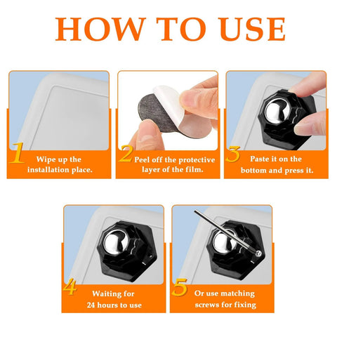 Installation steps for 4 Pack Ball Bearing Rollers 360 Degree Swivel Casters Self Adhesive with ABS and stainless steel construction.