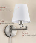 Dope Adjustable Swing Arm Wall Lamp Brushed Nickel With White Fabric Shade Plug In Wall Sconce For Bedroom Living Room Kitchen Hallway Modern Wall Mounted Light Fixture with empire fabric shade and metal backplate.