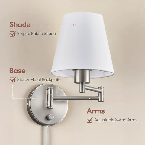 Dope Adjustable Swing Arm Wall Lamp Brushed Nickel With White Fabric Shade Plug In Wall Sconce For Bedroom Living Room Kitchen Hallway Modern Wall Mounted Light Fixture with empire fabric shade and metal backplate.