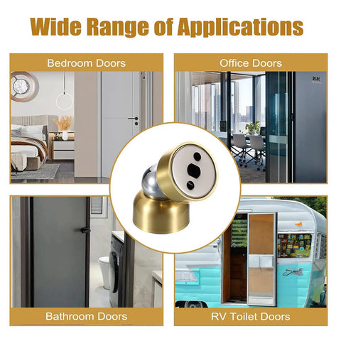 4 Pack Magnetic Door Stoppers With Screws, Heavy Duty Door Holder And Wall Mount Catcher, Stainless Steel Door Stop Keeps Doors Open, Built Tough For Bedroom And Bathroom, Gold Finish application on doors.