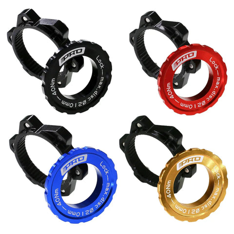 Centerlock To Six Bolt Rotor Adapter With Lockring All In One Kit For No Fuss Conversion Of Centerlock Hubs To Classic Six Bolt Disc Rotors On MTB And Road Bikes Black, red, blue, and gold adapters