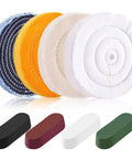 Eight 6-inch buffing and polishing wheels kit for bench grinder with 1/2-inch arbor; denim-blue wheels and rouge bars.