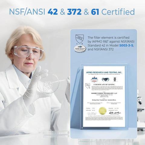 GIMILI 3 in 1 Kitchen Faucet with Water Filter and Pull Down Sprayer, NSF/ANSI certified filter certification in lab setting.