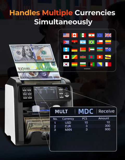 IMC23 Cash Counter Machine With Mixed Denominations displaying various currency flags and detecting mixed bills on screen.