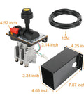 Hydraulic Flow Control Valve For Dump Trucks Air Operated With Feathering Lowering And Slow Down, Cab Mounted Control Valve Kit, PTO Switch Dual Valve, Includes 10m Air Tube And Console Tower, Eliminates Rapid Lowering, with dimension view and components.