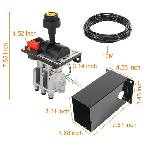 Hydraulic Flow Control Valve For Dump Trucks Air Operated With Feathering Lowering And Slow Down, Cab Mounted Control Valve Kit, PTO Switch Dual Valve, Includes 10m Air Tube And Console Tower, Eliminates Rapid Lowering, with dimension view and components.