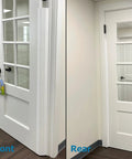 Front and rear view of PinchNot 90 Degree Door Pinch Guard For Kid Safe Living installed on white doors, hinge protector visible